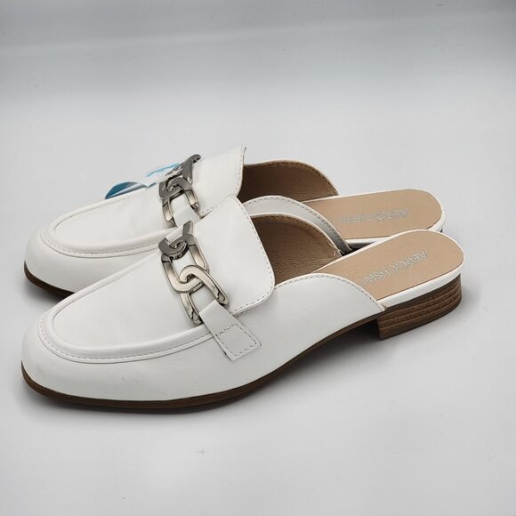 Aerocushion Shoes - Womens Aerocushion White Slip-On Loafers With Silver Chain Detail & Low Heel